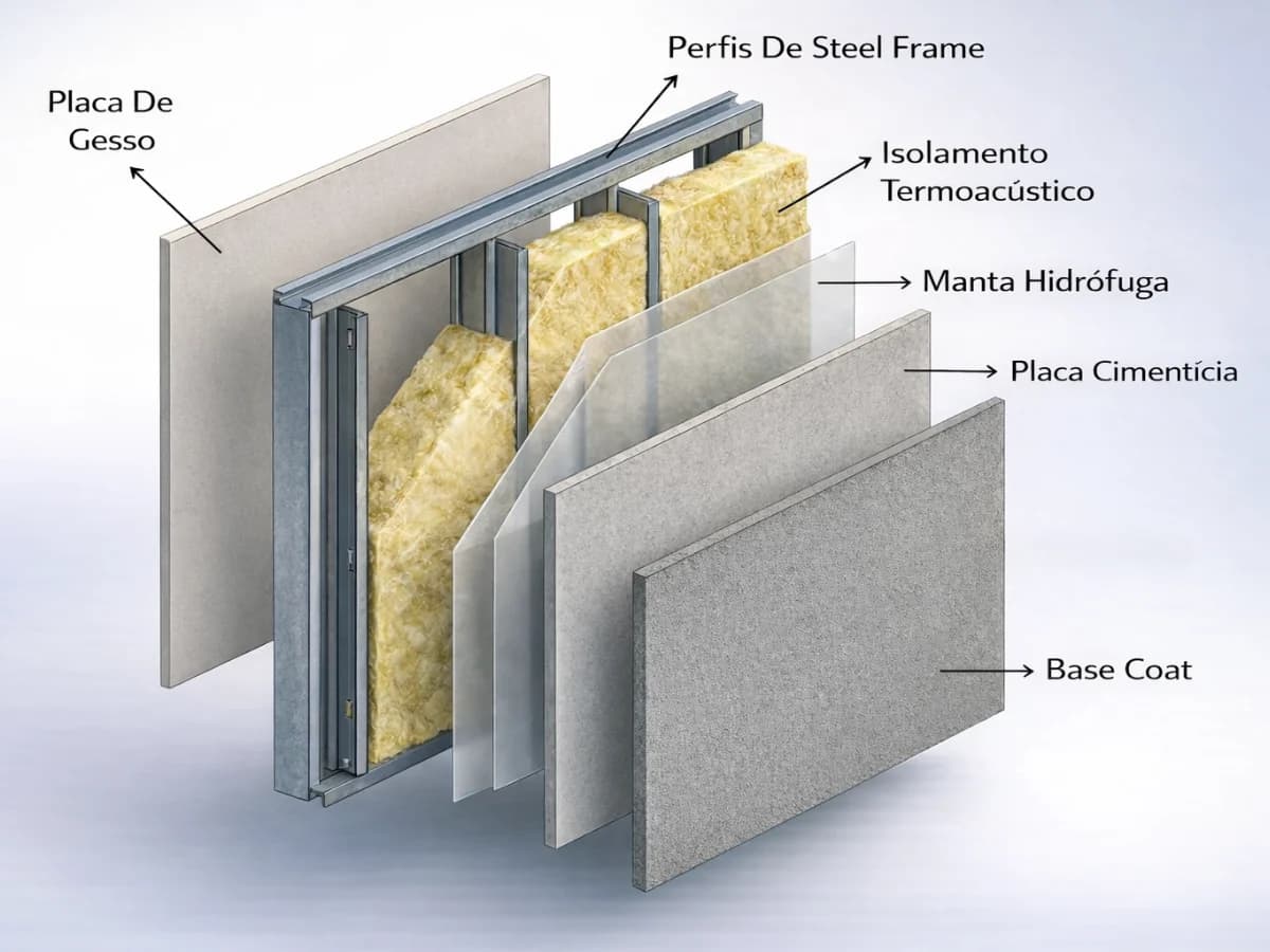 Diagrama técnico das camadas de parede LSF