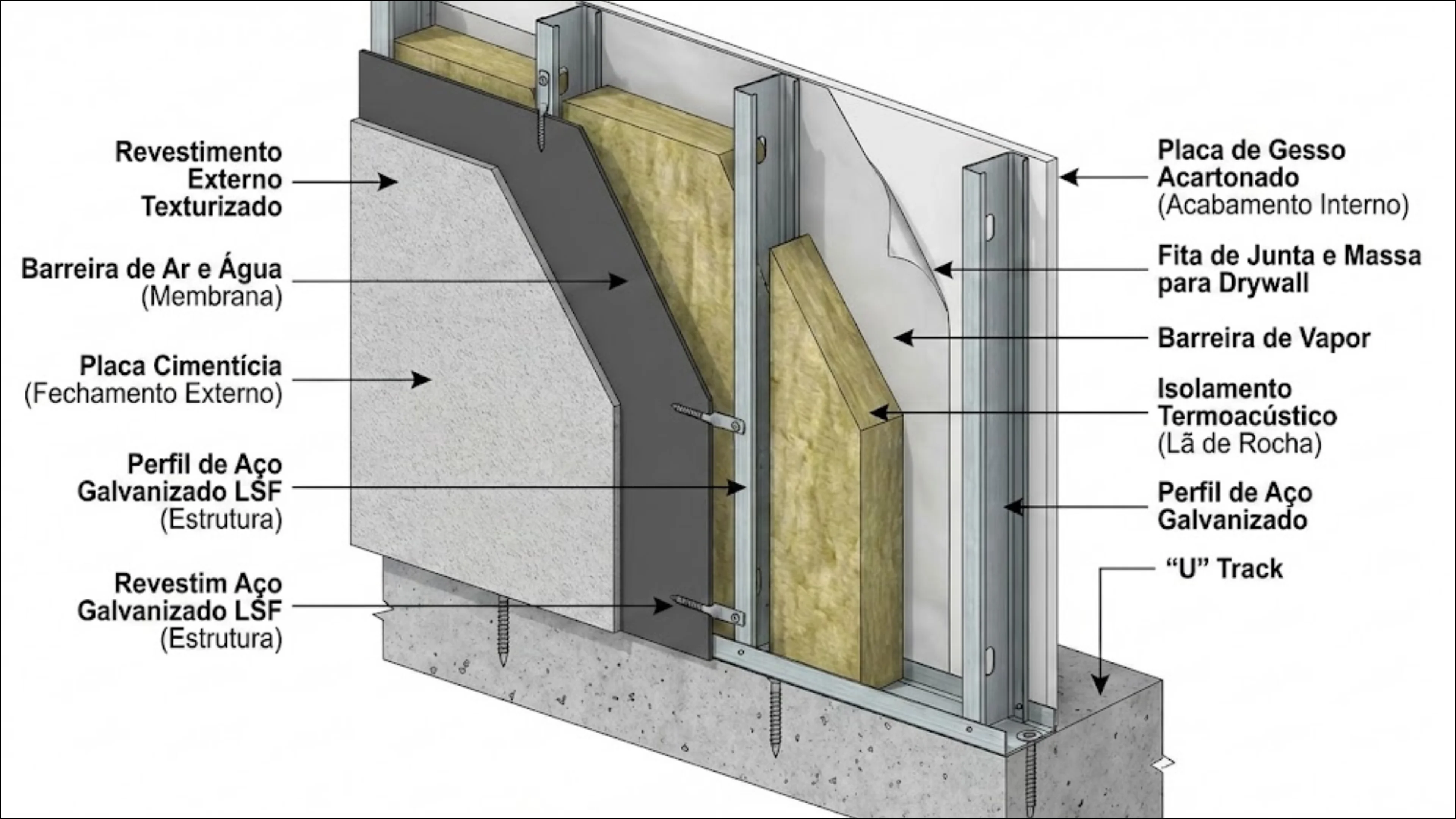 Diagrama técnico das camadas de parede LSF